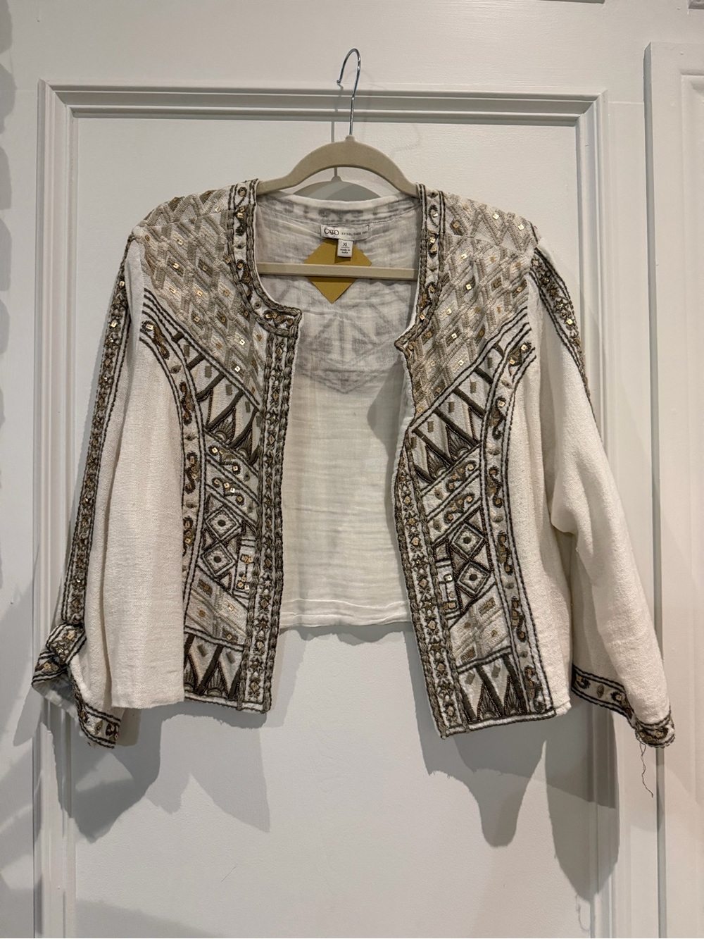 Cato Embellished Open-Front Jacket in White and Gold